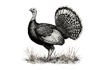 Vintage engraving of Wild Turkey strutting, hand-drawn monochrome bird, old etching style, ornithology sketch, wildlife illustration, rustic nature art, forest bird print
