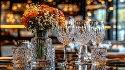 Crystal glassware and flower arrangement on a table.  Elegant setting