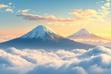 Fototapeta premium Majestic mountain peaks above the clouds at sunrise, scenic views, travel, and wallpaper use cases.