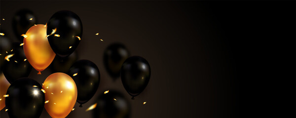 Golden and black balloons floating with shiny confetti on a dark background, representing a festive celebration scene. Vector illustration