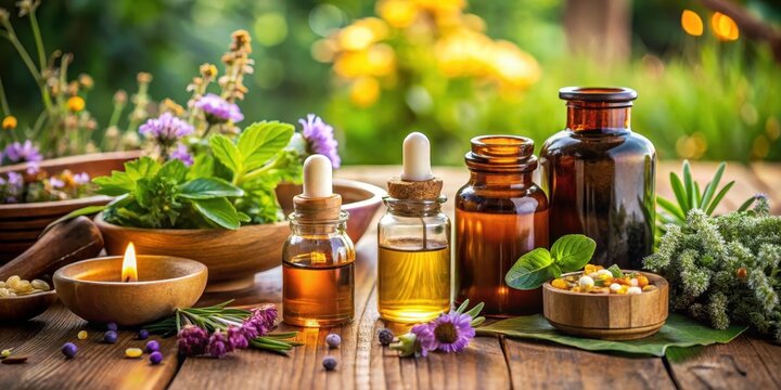 Aromatherapy session with essential oils and herbal remedies on a wooden table, relaxation