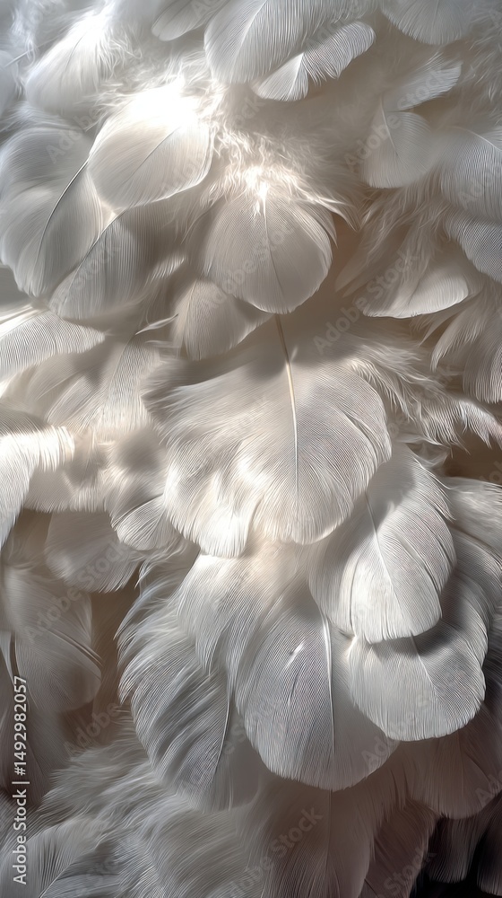 Poster close-up of soft white feathers creating a fluffy texture abstract background with gentle light and 
