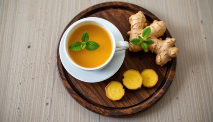 Ginger tea preparation in a cozy kitchen food photography warm lighting herbal benefits relaxing atmosphere