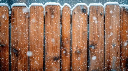 Wooden fence covered in snow with large snowflakes falling. Good for winter, Christmas backgrounds, or seasonal concepts.