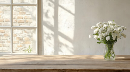Fresh flowers in glass vase on wooden table, illuminated by soft morning light