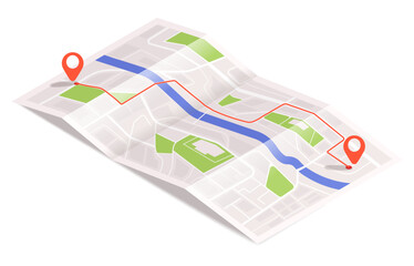 Folded isometric city map with river, green zones, red route line, and two location pins on white background. Concept of navigation. Vector illustration