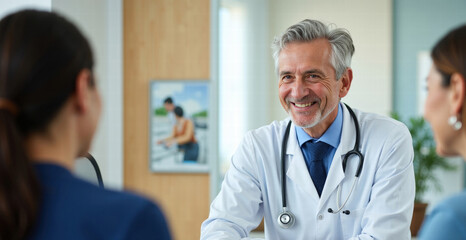 Smiling mature doctor consulting with two female patients in a bright, modern medical office.