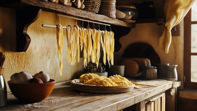 rustic kitchen interior with hanging pasta bowl of pasta and garlic bulbs on wooden counter
