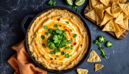 Delicious cheese dip recipe kitchen food photography cozy environment overhead view appetizing concept