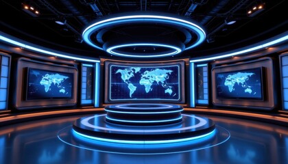 Global news broadcast studio modern technology digital environment illuminated viewpoint media concept