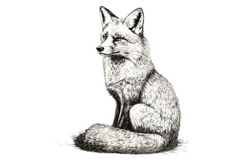 Fox Sitting and Looking Back, Hand-drawn Illustration, Old Engraving Style, Black Sketch, Vintage Animal Art, Woodland Creature, Nature Wall Decor, Forest Animal Print