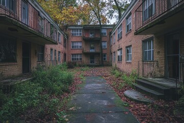Fototapeta premium Overgrown courtyard between aged brick apartment buildings with balconies. Use for themes of urban decay, abandonment, or historical documentation.