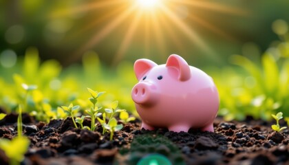 Planting financial future pink piggy bank in green garden nature photography bright sunshine investment concept