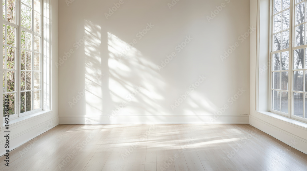 Poster bright, empty room with large windows casting shadows on floor, creating serene atmosphere
