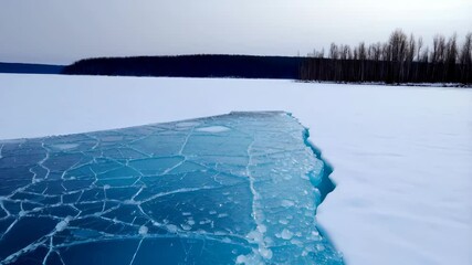 Striking glacial ice fracture on a frozen winter lake with forest background under a clouded sky, showcasing natural frigid beauty - Powered by Adobe