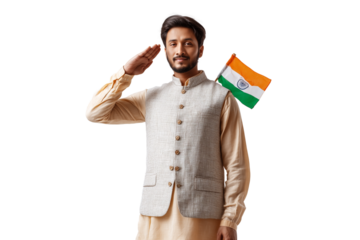 A set of patriotic young Indian men in traditional Nehru jackets and khadi kurtas saluting the flag isolated on a transparent background
