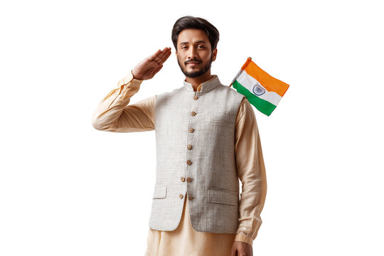 A set of patriotic young Indian men in traditional Nehru jackets and khadi kurtas saluting the flag isolated on a transparent background