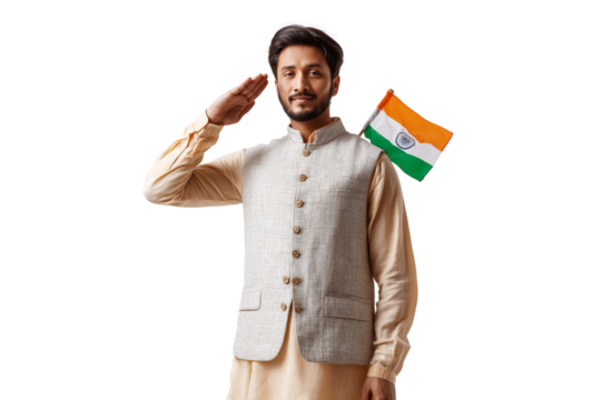 A set of patriotic young Indian men in traditional Nehru jackets and khadi kurtas saluting the flag isolated on a transparent background