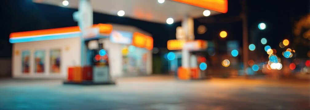 A brightly lit gas station at night with a convenience store and blurred city lights in the background.