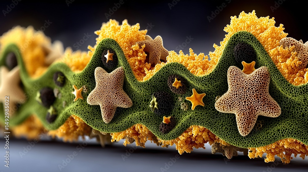 Poster detailed microscopic view of a complex cellular structure, displaying intricate patterns and texture