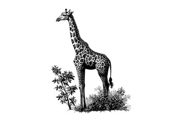Vintage Giraffe Line Drawing, Monochrome Safari Animal Wall Print, Black Ink Etching, Rustic Wildlife Decor, Hand-drawn Jungle Art, Botanical Illustration, Animal Poster,
