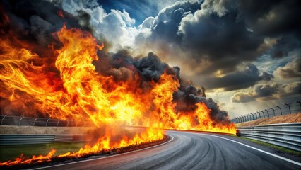 Blazing inferno engulfs the asphalt race track, flame engulfment, automotive,  flame engulfment, automotive