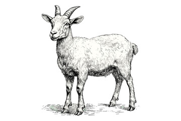 Vintage Goat Sketch, Rustic Farm Animal Line Drawing, Hand-drawn Monochrome Domestic Animal Art, Agricultural Wildlife Print, old engraving style, trendy nature illustration, rural art,