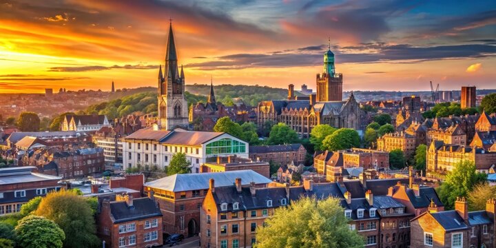 Panoramic view of Nottingham cityscape at sunset with the castle and church steeples in the foreground, nottingham