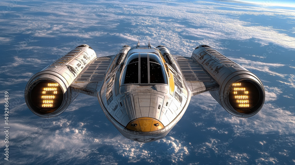 Poster futuristic spacecraft soaring through clouds with sleek design and powerful engines