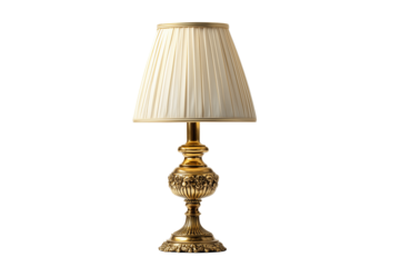 A set of refined vintage brass table lamps with pleated fabric shades and soft lighting accents isolated on a transparent background