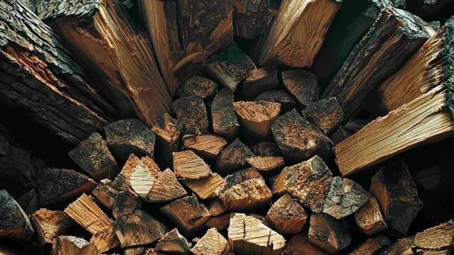 pile of split firewood stacked and ready for use in winter months, wood texture visible