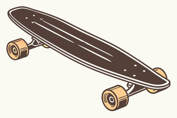 68 skateboard, wooden, retro style, old, vintage, dark brown, orange wheels, minimalist, sleek design, isolated on white background