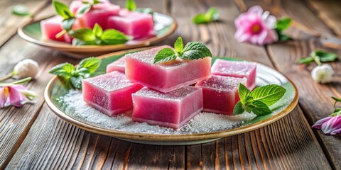 Delicious pink guava jelly squares on a plate with powdered sugar and fresh mint leaves, garnished with edible flowers and served on a vintage wooden table, dessert, dessert plate