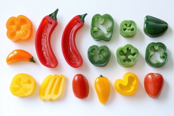 Colorful Sliced Peppers Arranged on White Background Top-Down Studio Shot Showing Red Green Yellow Orange Bell and Chili Peppers