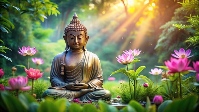 Serene Buddha statue surrounded by lush greenery and vibrant lotus flowers in a beautiful garden setting, conveying peace and tranquility , serenity, religion