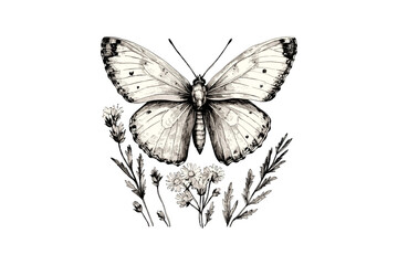 Hand-drawn Butterfly on Wildflower, Vintage Engraving Style, Rustic Garden Design, Detailed Nature Art, Black Sketch Effect, Animal Print, Old Engraving Style, Vintage Trendy Botanical