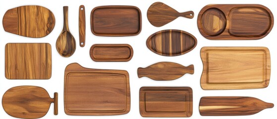 Naklejka premium Collection of Wooden Kitchenware on White Background Flat Lay Studio Shot Assortment of Cutting Boards and Serving Trays
