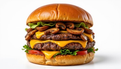 Delicious triple cheeseburger with mushrooms restaurant food photography studio close-up fast food delight