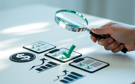 Person inspecting digital documents with magnifying glass focusing on a checklist and checkmark icon