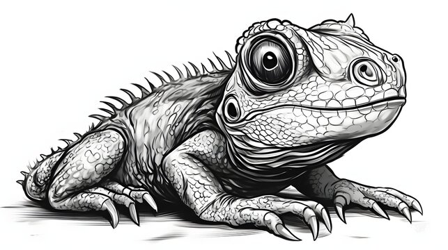 48. Baby basilisk with big eyes and soft scales, outlined in bold black and white line art