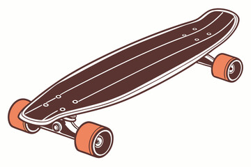 kateboard, wooden, retro style, old, vintage, dark brown, orange wheels, minimalist, sleek design, isolated on white background