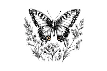 Vintage Engraving Style Hand-drawn Butterfly, Rustic Wall Decor, Wildflower Art, Detailed Nature Sketch, Black Sketch Effect, Animal Print Design, Rustic Garden Illustration