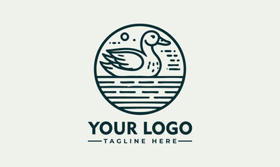 Minimalist Line Art Logo of a Duck in a Circle with Water Lines. Animal Logo Concept