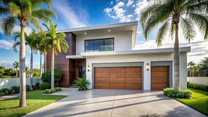 Modern Home with Automatic Garage Door and Palm Trees in Sunny Florida Backyard, modern home, residential property