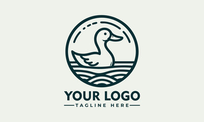 Minimalist Line Art Logo of a Duck in a Circle with Water Lines. Animal Logo Concept