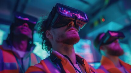 Men Wearing VR Headsets in Neon Lit Room, Demonstrating Future Technology and Digital Transformation in Modern Industry and Engineering : Generative AI
