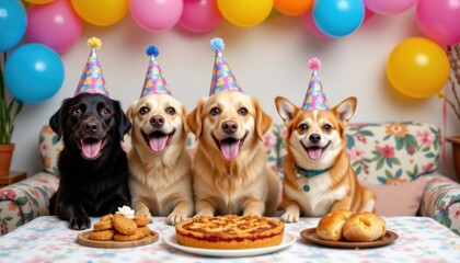 Birthday celebration for dogs home festive party colorful background playful atmosphere