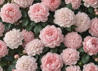 Obraz premium Delicate pastel pink floral wall; vintage-inspired artificial roses, peonies, hydrangeas , studio, wall decor