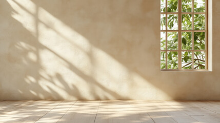 Serene interior scene with soft light streaming through window, casting gentle shadows textured