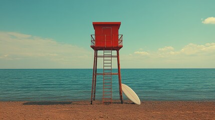 Red lifeguard tower on sandy beach by the ocean